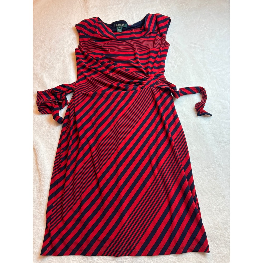 Lauren Ralph Lauren Striped Side Tie Sheath Dress Red Navy Blue Nautical Size 6
